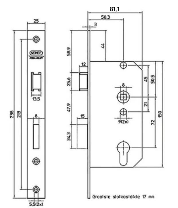 Nemef cilinder PC72 insteekslot 569/4 met staal gelakte voorplaat - Afbeelding 2
