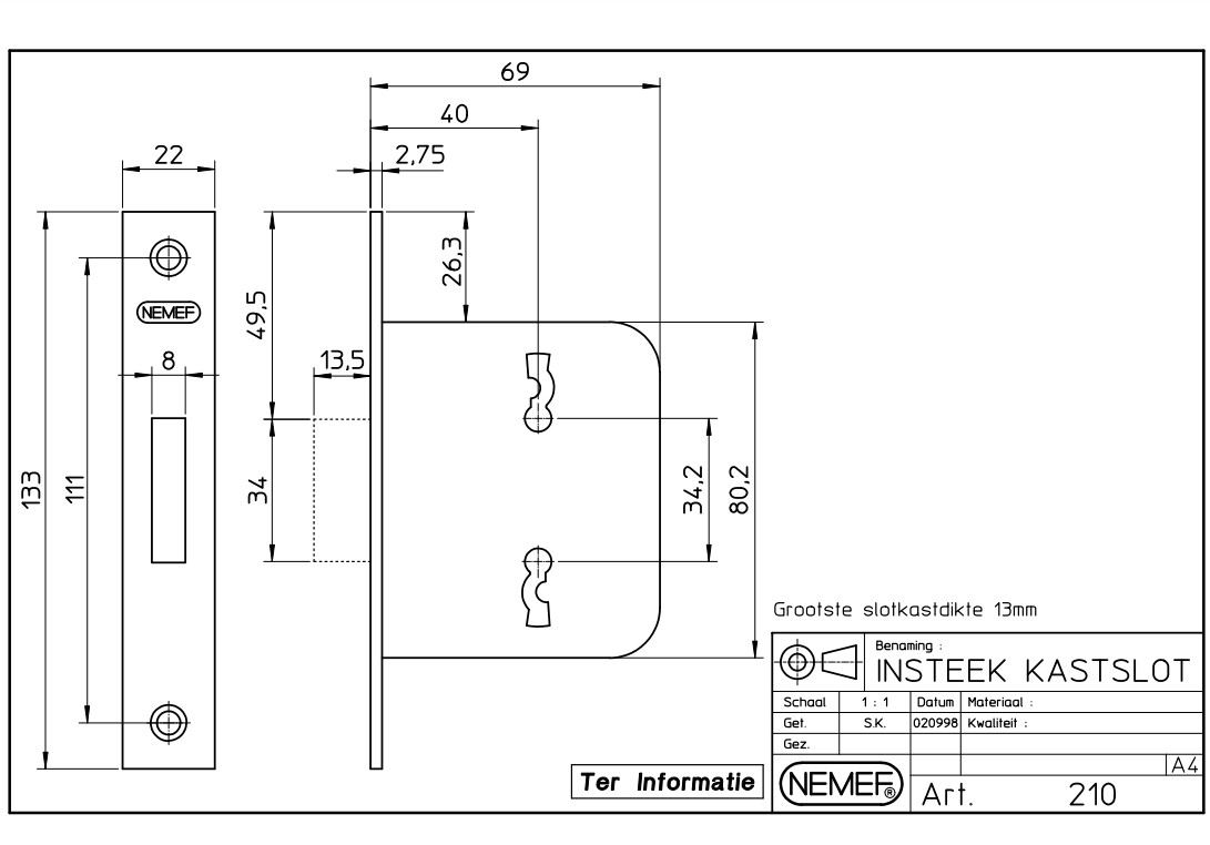 Nemef kastslot 210-40mm met staal gelakte voorplaat - Afbeelding 2