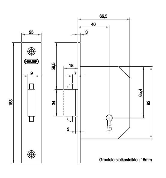 Nemef schuifdeurslot 605-40mm met staal gelakte voorplaat - Afbeelding 2