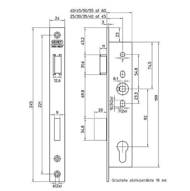 Nemef smaldeurslot 9604/07-40mm PC92mm met rechthoekige rvs voorplaat - Afbeelding 2