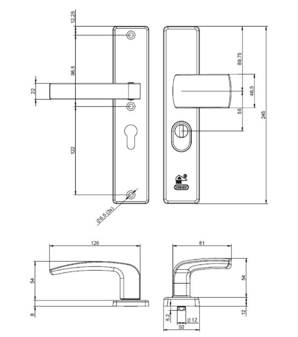 Nemef veiligheidsbeslag PC55 langschild knop/kruk 3415-II met kerntrek beveiliging SKG3 aluminium F1 - Afbeelding 2