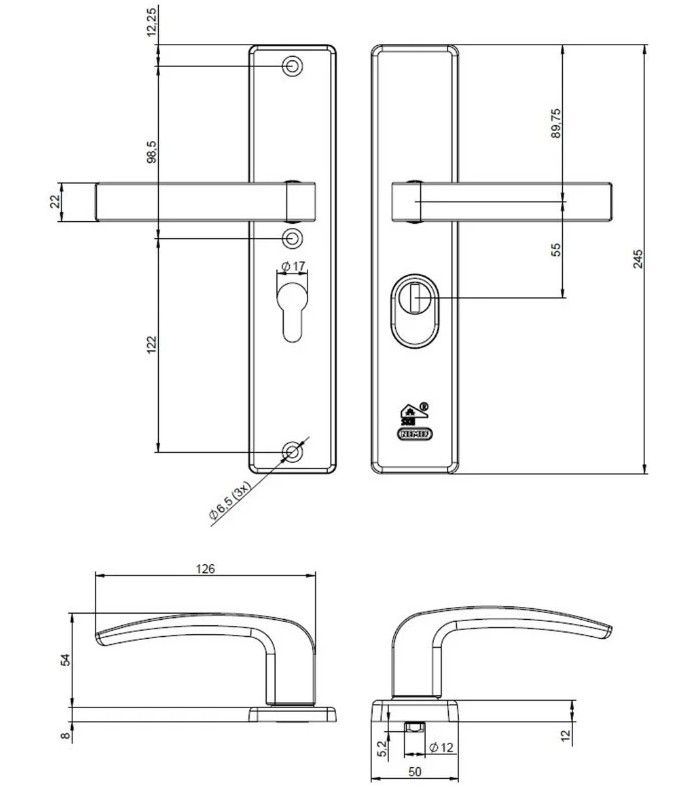 Nemef veiligheidsbeslag PC55 langschild kruk/kruk 3417-II met kerntrek beveiliging SKG3 aluminium F1 - Afbeelding 2