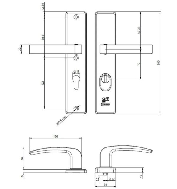 Nemef veiligheidsbeslag PC72 langschild kruk/kruk 3417-II met kerntrek beveiliging SKG3 aluminium F1 - Afbeelding 2