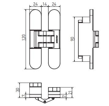 Set van 2 onzichtbare scharnieren 3D verstelbaar 120x24mm zwart