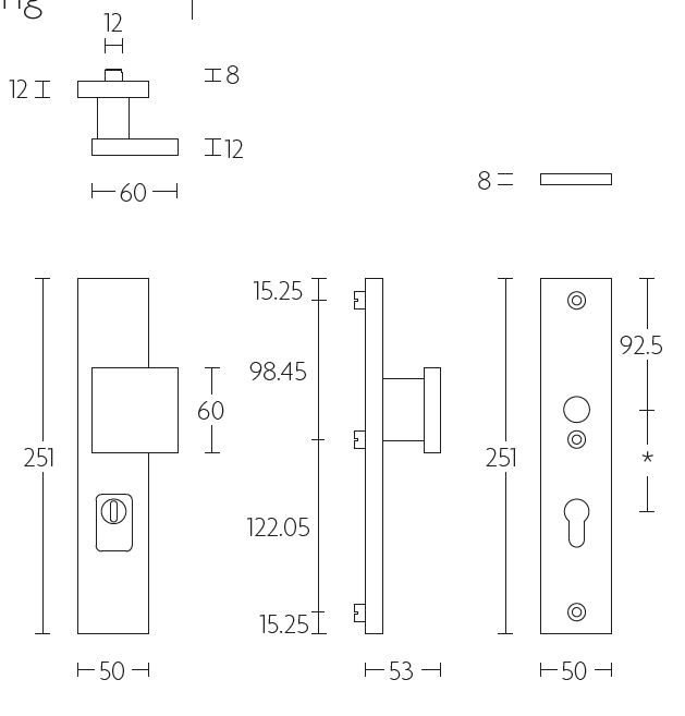 Veiligheidsbeslag PC55 met kerntrek beveiliging SQUARE LSQ60-50KT knop/kruk SKG3 rvs - Afbeelding 2