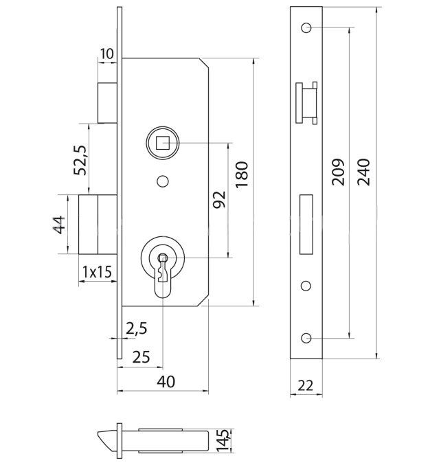 Smaldeurslot voor stift 8x8 mm PC92, 25 mm rechthoekige gegalvaniseerde voorplaat
