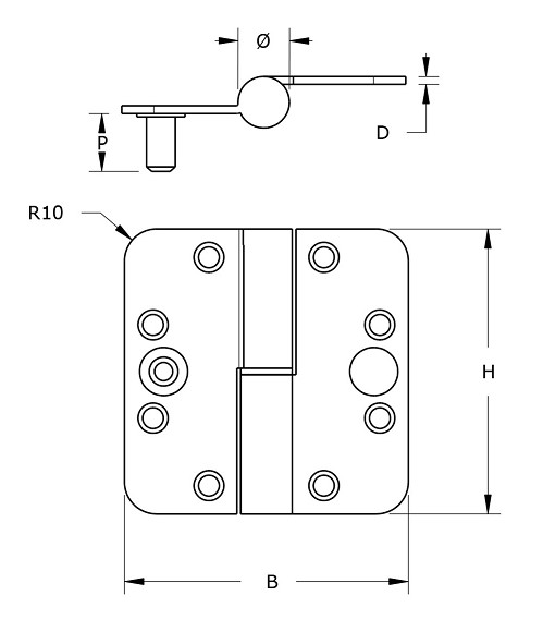 Kogelstift paumelle Ronde hoek SKG*** 89x89 mm links Staal
