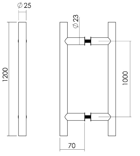 Intersteel set deurgrepen T-vorm 1200x70x25 HoH 1000 mm rvs - Afbeelding 2
