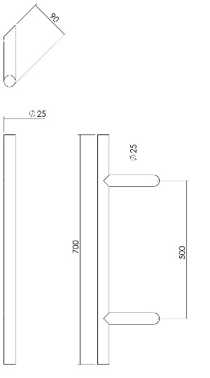Intersteel deurgreep T-schuin 700x85x25 HoH 500 mm rvs - Afbeelding 2
