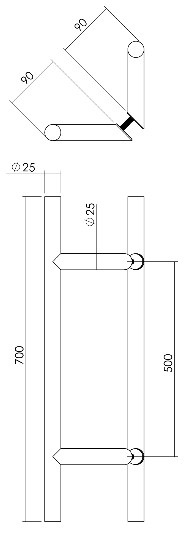 Intersteel set deurgrepen T-schuin 700x85x25 HoH 500 mm rvs - Afbeelding 2