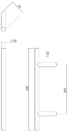 Intersteel deurgreep T-schuin 500x90x30 HoH 300 mm rvs - Afbeelding 2
