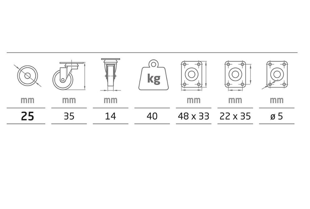 Meubelwiel zwenk rubber 25mm