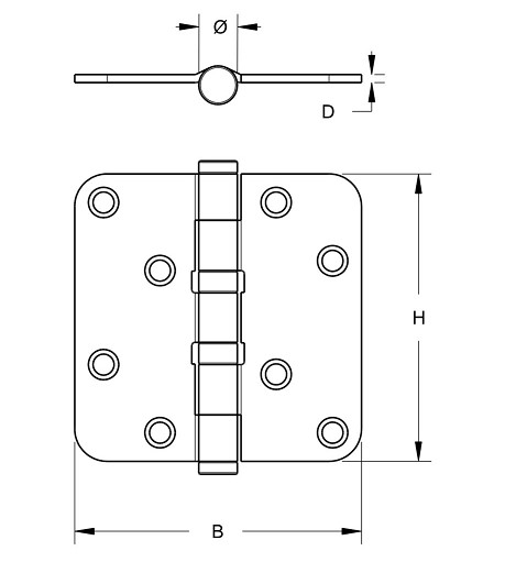 Kogellagerscharnier 89x89 mm ronde hoek losse pen - Afbeelding 2
