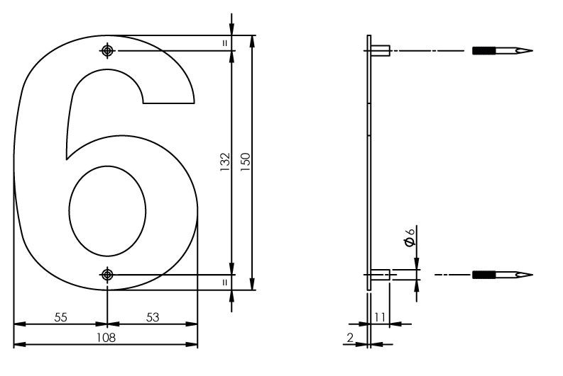 Intersteel huiscijfer 6 150mm breed rvs - Afbeelding 2