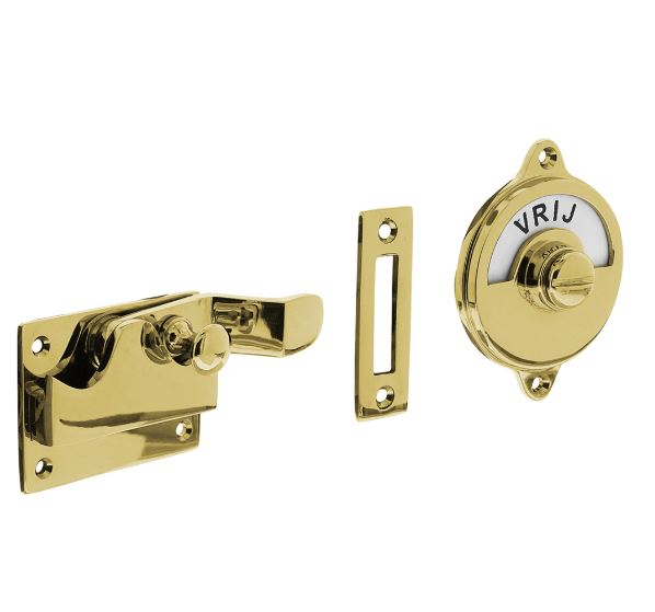 WC-overslag met bocht en tekst “VRIJ / BEZET” messing gelakt