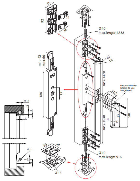 DX Espagnolet-sluiting opbouw SKG2 links & rechts toepasbaar 530 - 2500 mm zamak zwart - Afbeelding 3