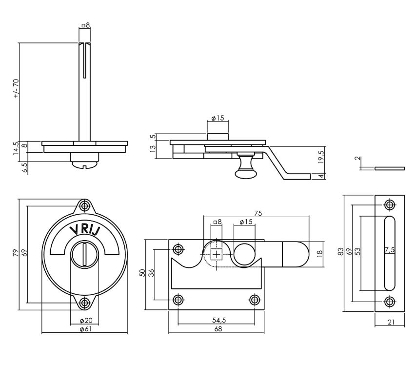 WC-overslag met bocht en tekst "vrij / bezet" chroom mat