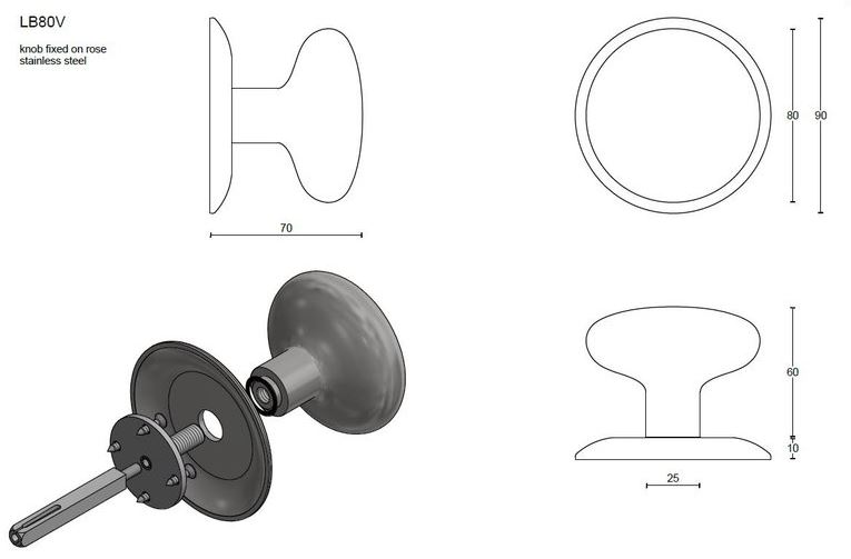 Voordeurknop BASIC LB80V Vast op Rozet RVS