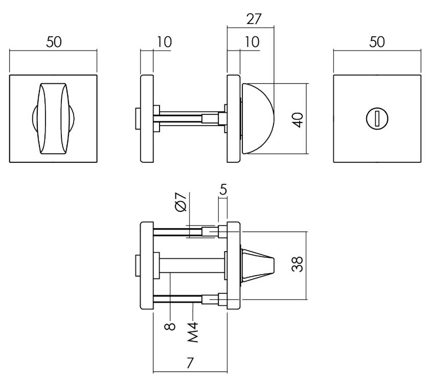 WC-sluiting 50x50x10 + 7mm nokken met 8 mm stift zwart