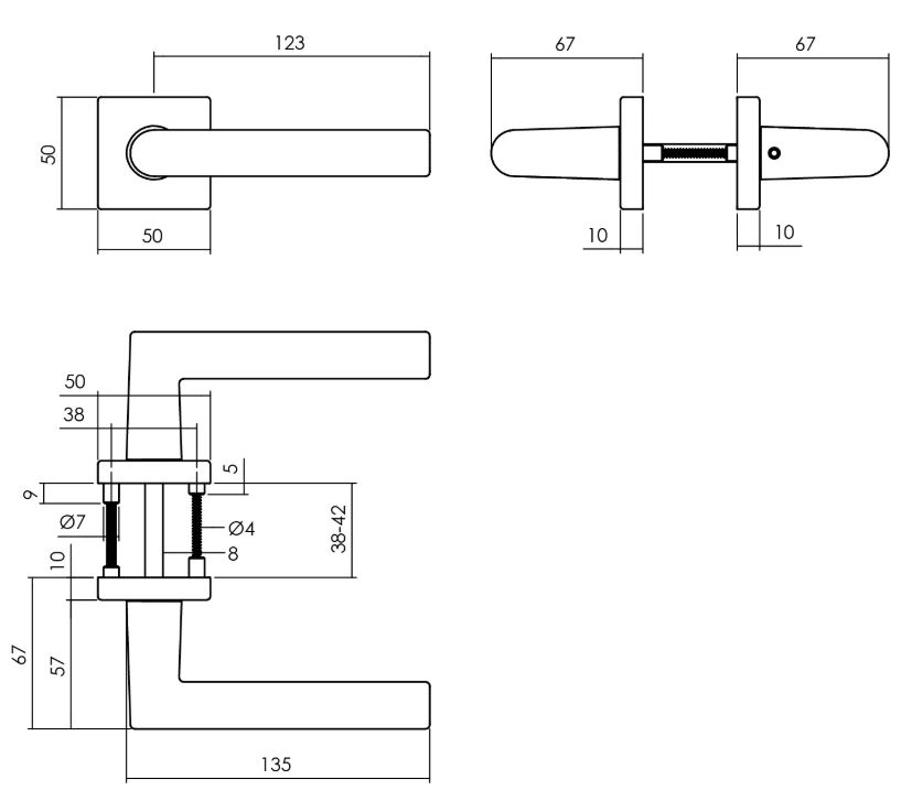 Deurkruk Broome op rozet 50x50x10 mm + 7mm nokken zwart