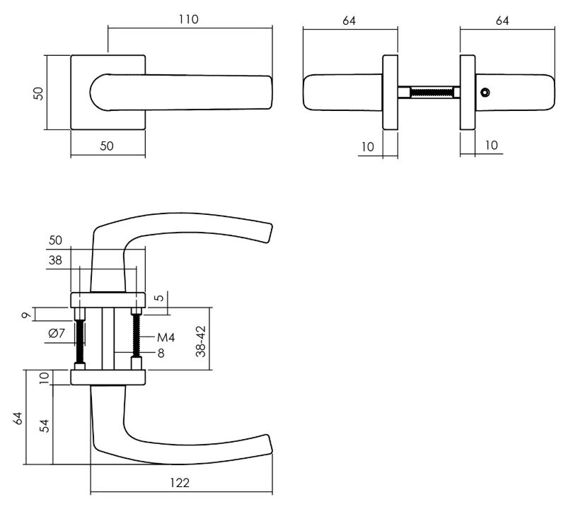 Deurkruk Denham op rozet 50x50x10 mm + 7mm nokken zwart