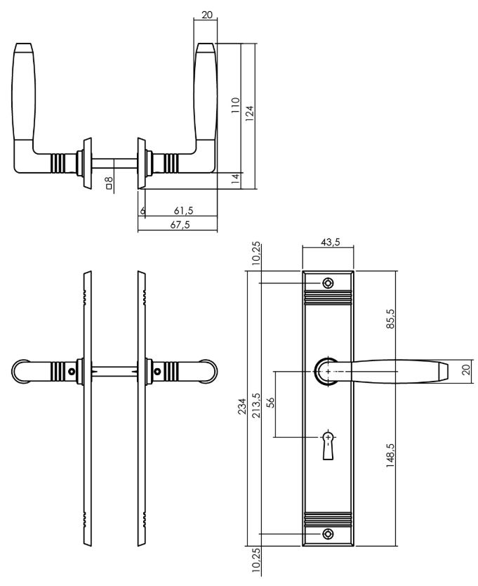 Deurkruk Ton basic met schild groef 235x43x5mm sleutelgat 56mm nikkel