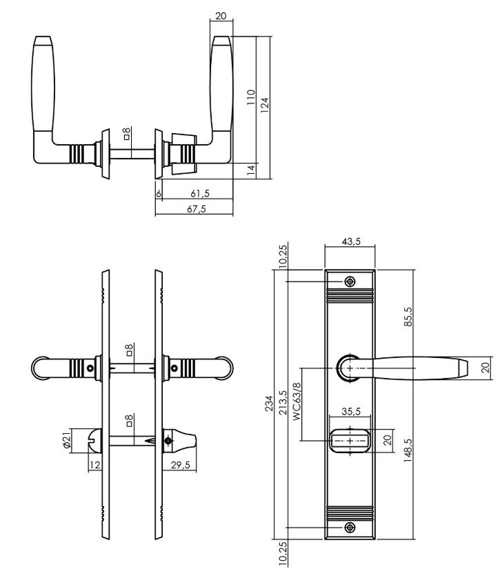 Deurkruk Ton basic met schild groef 235x43x5mm WC63/8mm nikkel