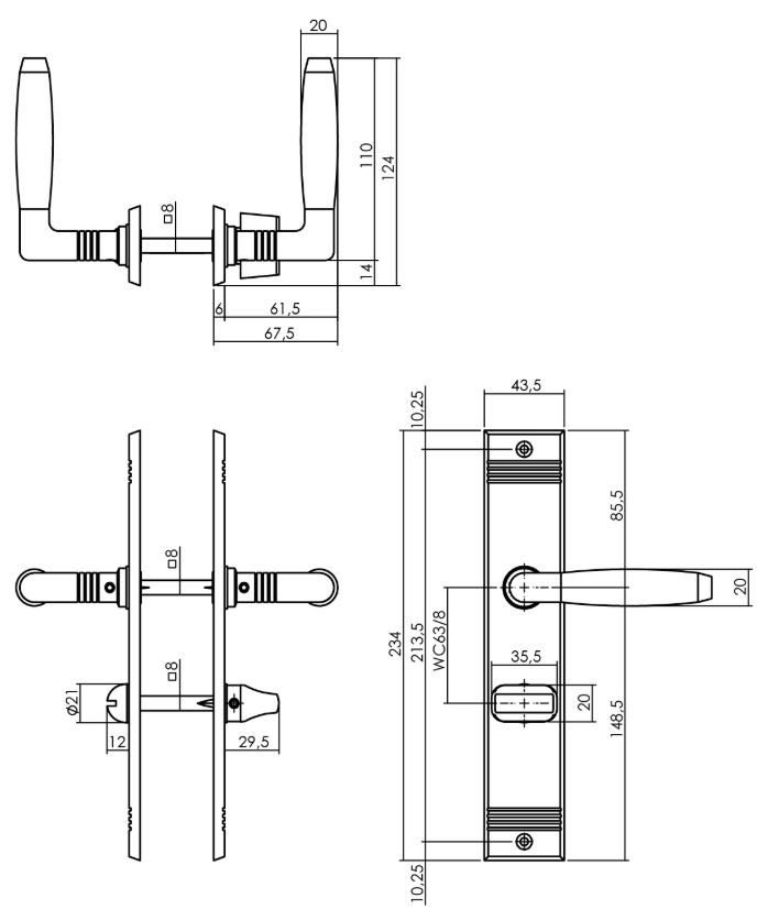 Deurkruk Ton basic met schild groef 235x43x5mm WC63/8mm mat nikkel
