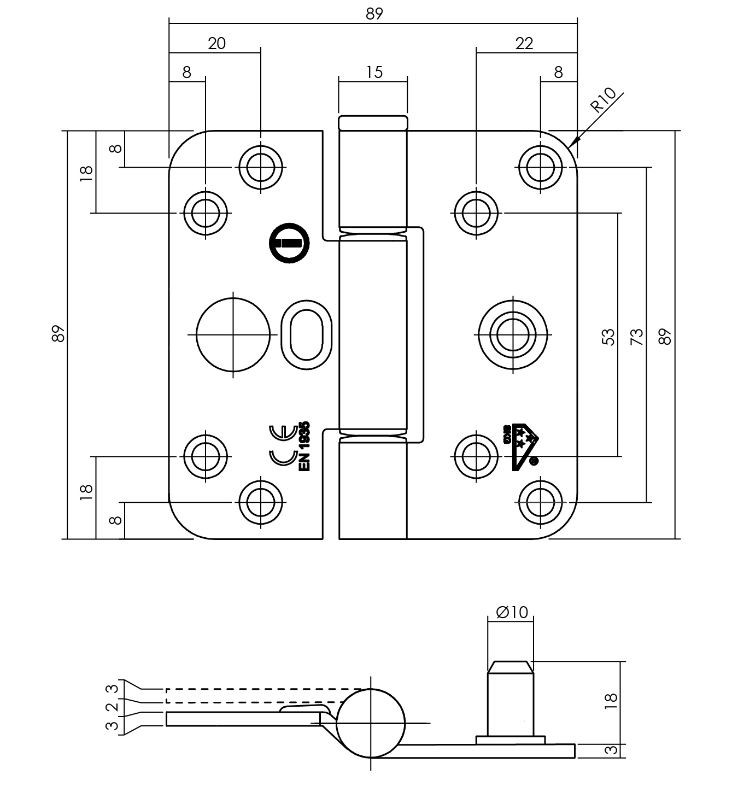 Intersteel SKG3 glijlagerscharnier ronde hoek 89x89 mm rechts zwart - Afbeelding 3