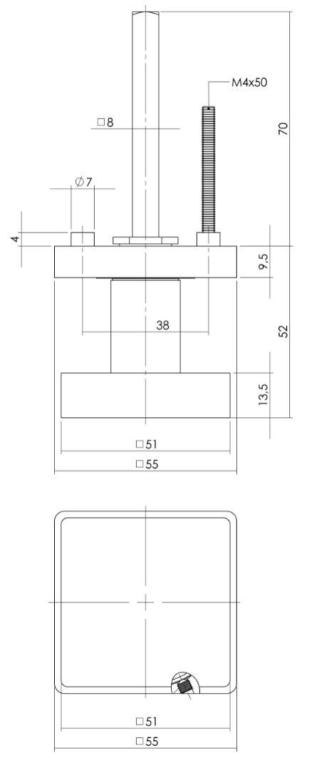 Knop vierkant vast op rozet zwart