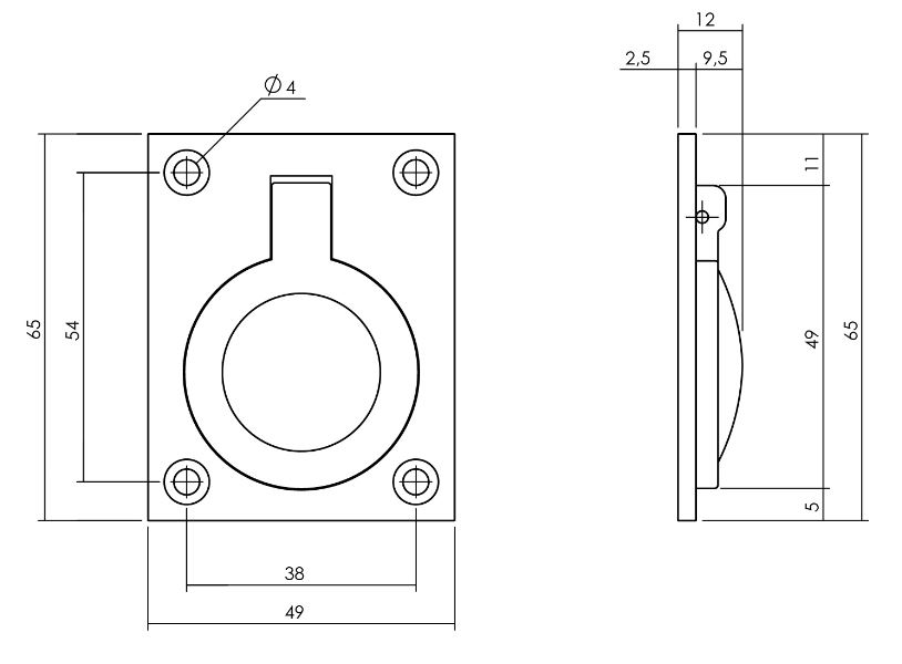 Luikring recht 65mm x 49mm nikkel