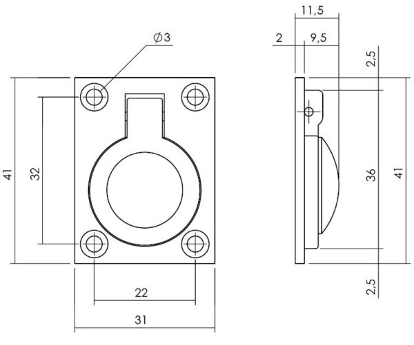Intersteel Luikring recht 41mm x 31mm messing gelakt - Afbeelding 2