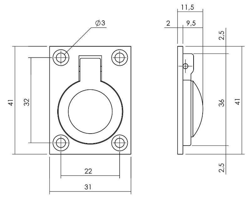 Luikring recht 41mm x 31mm zwart