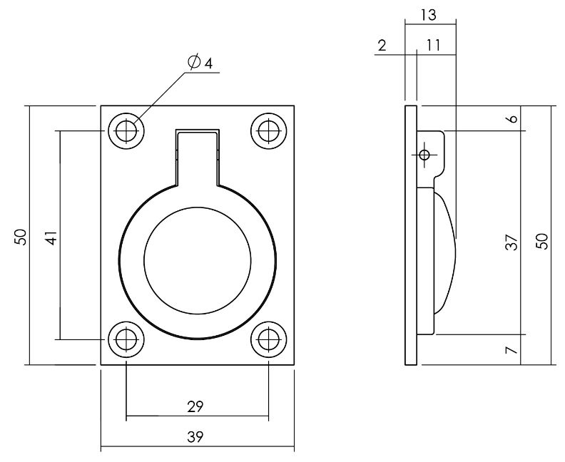 Luikring recht 50mm x 39mm zwart