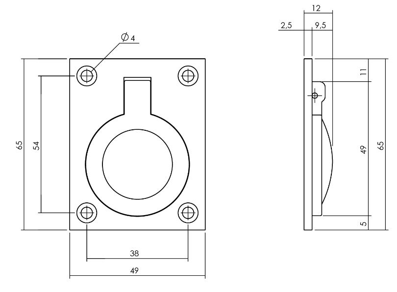 Luikring recht 65mm x 49mm zwart