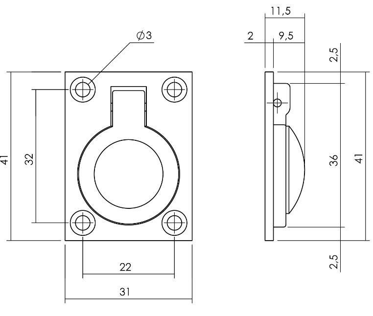 Luikring recht 41mm x 31mm messing getrommeld
