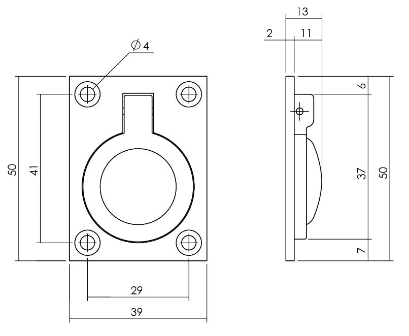 Luikring recht 50mm x 39mm messing getrommeld