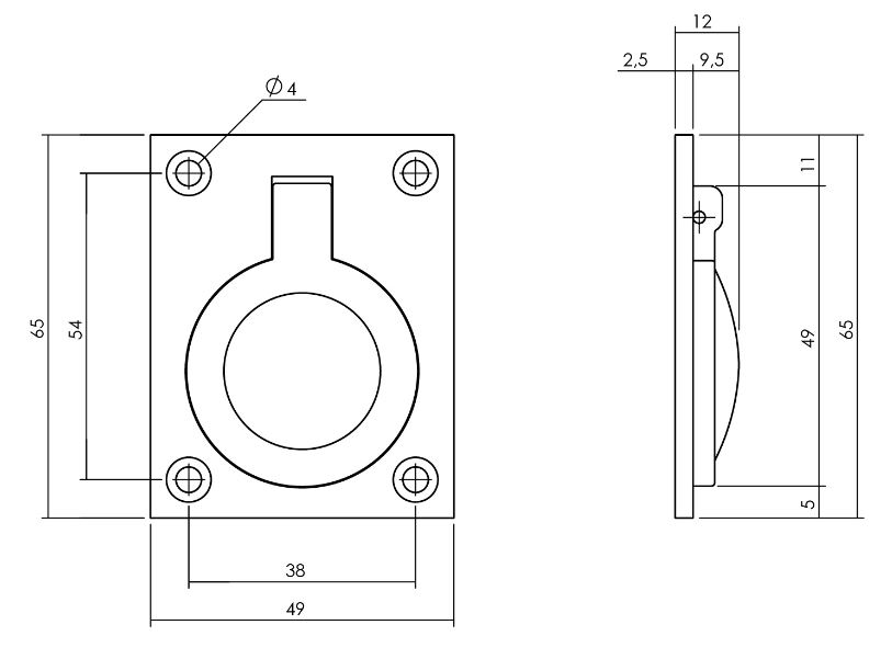 Luikring recht 65mm x 49mm messing getrommeld