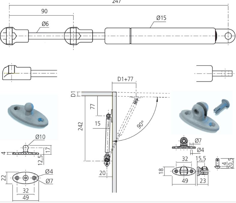 Valdeurschaar met gasveer voor klapdeur 10 kg