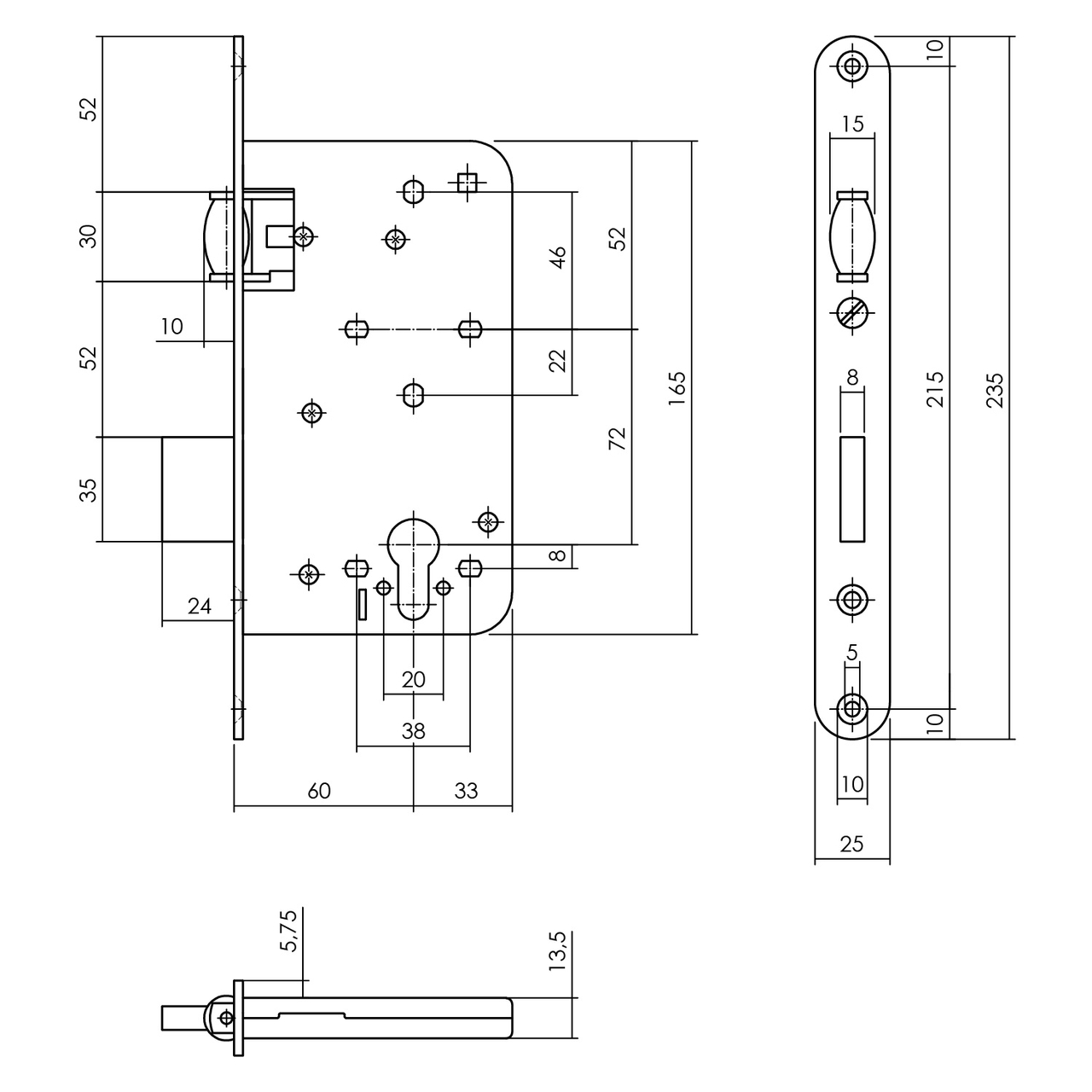 P+E Tonrol dag- en nachtslot PC72 doornmaat 60 mm met rvs geborstelde voorplaat 235x25 mm