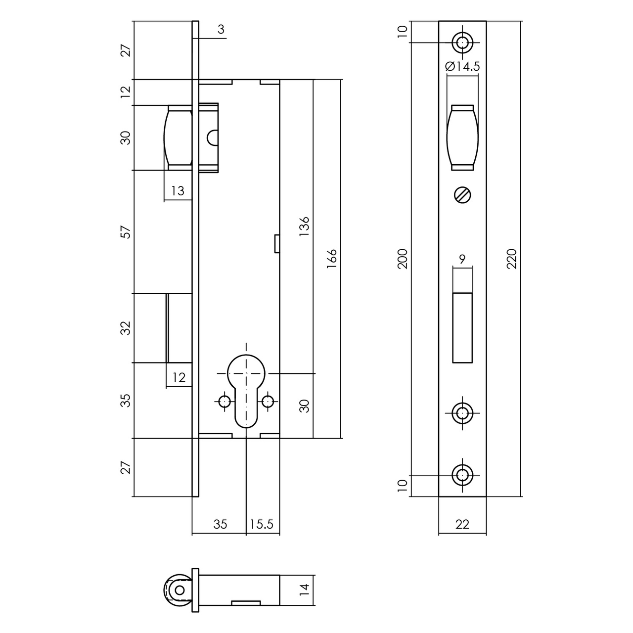 P+E Tonrol dag- en nachtslot PC78 doornmaat 35mm met gegalvaniseerde voorplaat 220x22mm