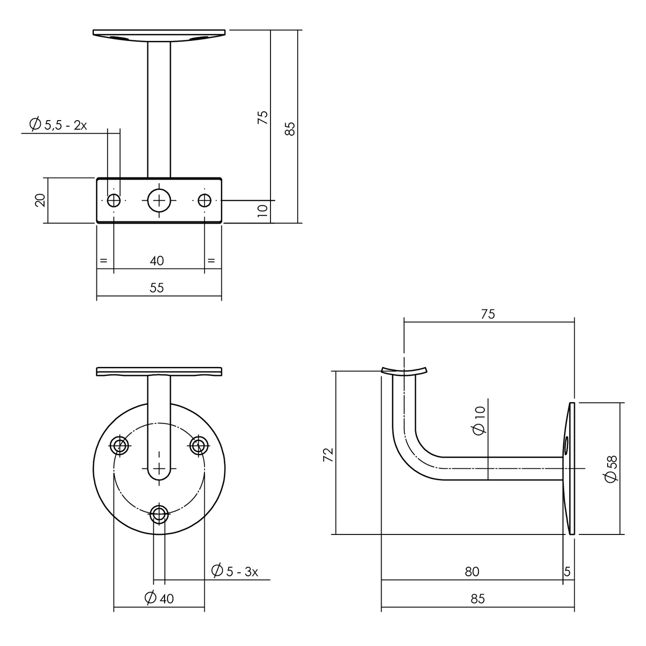 P+E Leuninghouder rond ø58mm opschroevend hol zadel rvs geborsteld