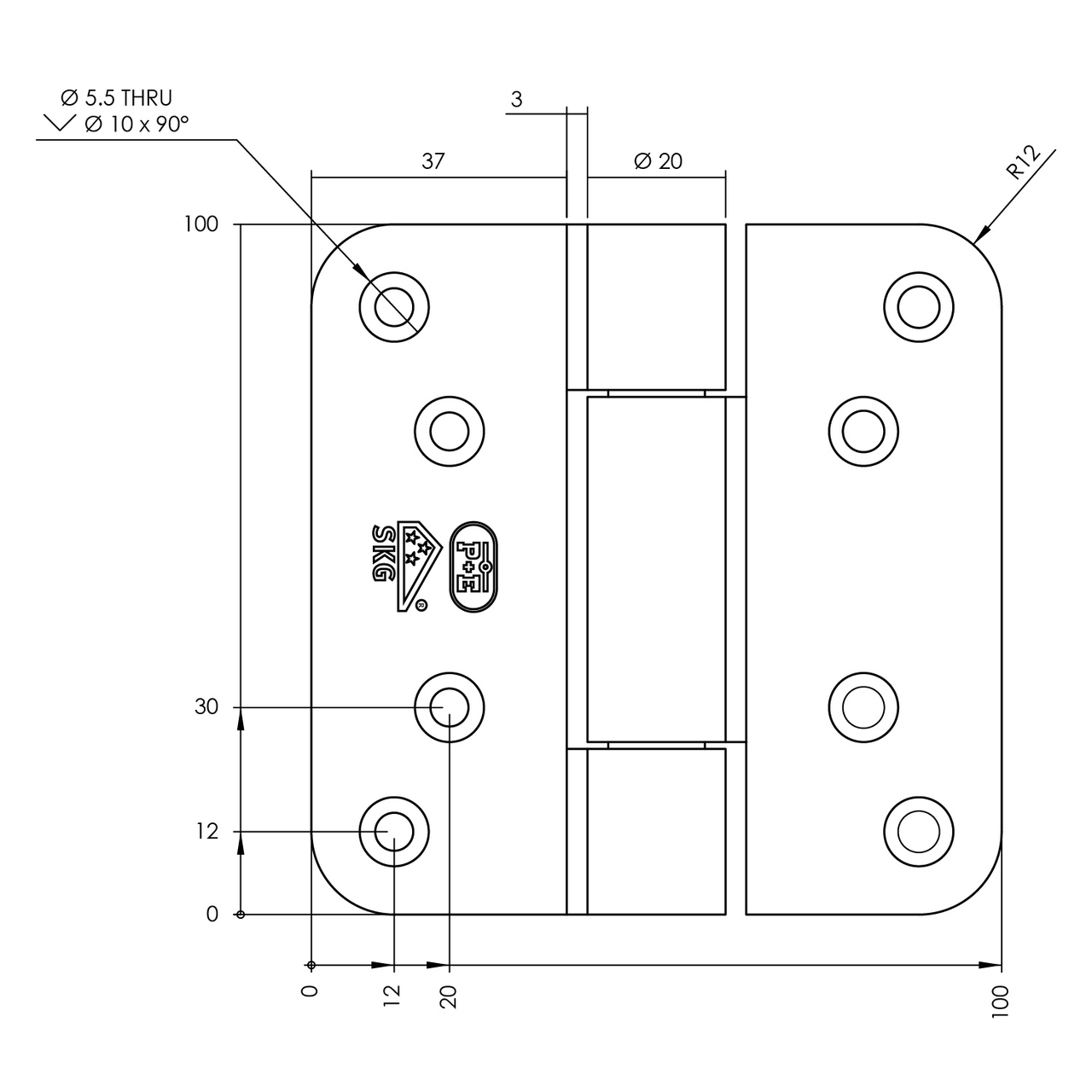 P+E Projectscharnier SKG3 hout/hout 100mm rvs geborsteld