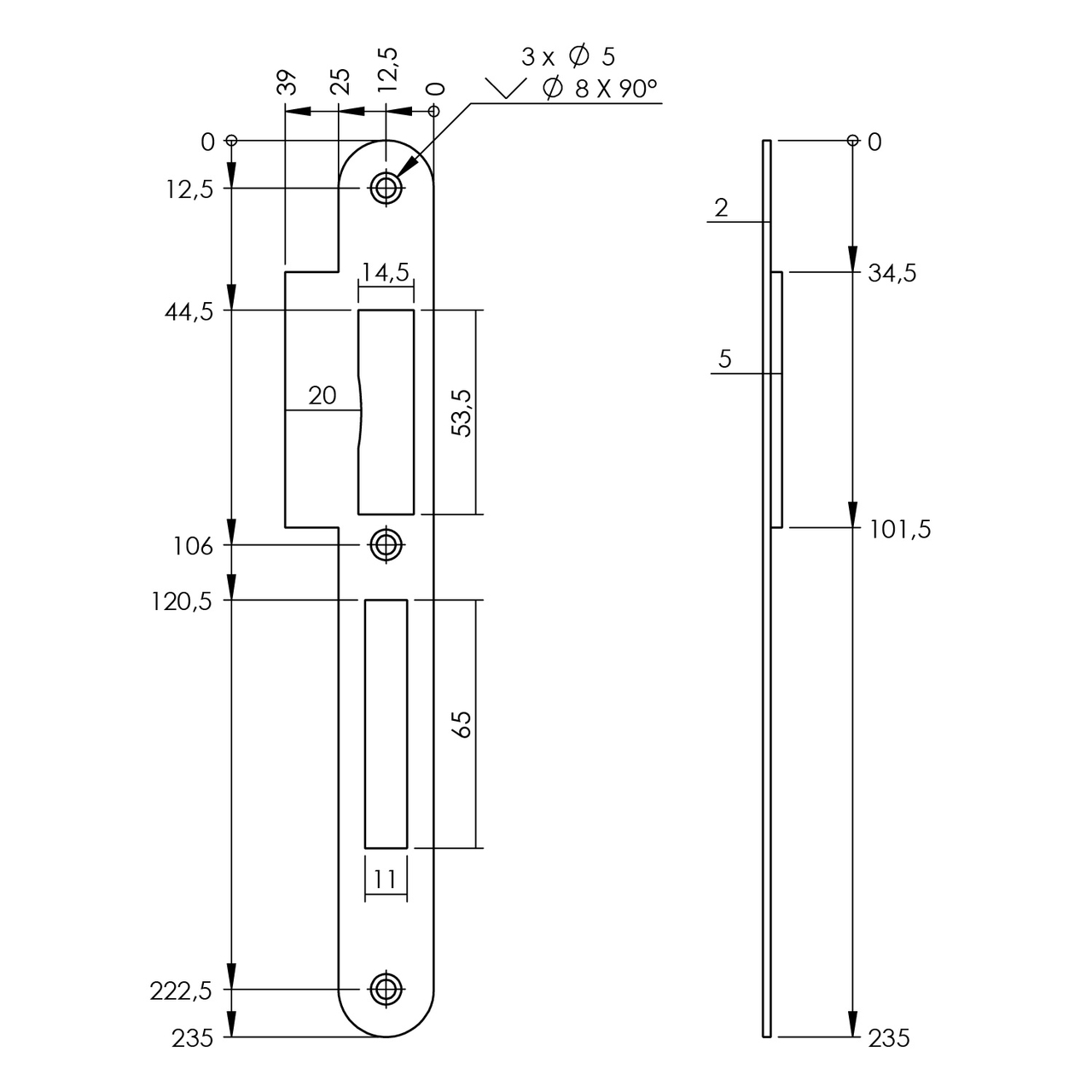 P+E Sluitplaat voor projectsloten met dag- en nachtschoot DIN rechts 235x25mm rvs geborsteld
