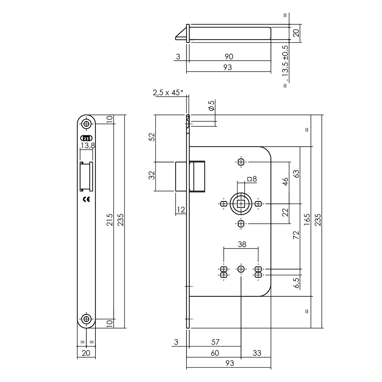 P+E Loopslot DIN rechts met rvs geborstelde voorplaat 235x20mm
