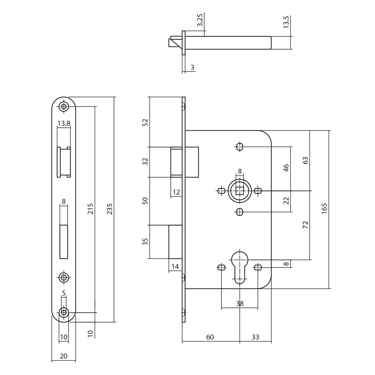 P+E Dag- en nachtslot PC72 DIN links met rvs geborstelde voorplaat 235x20mm