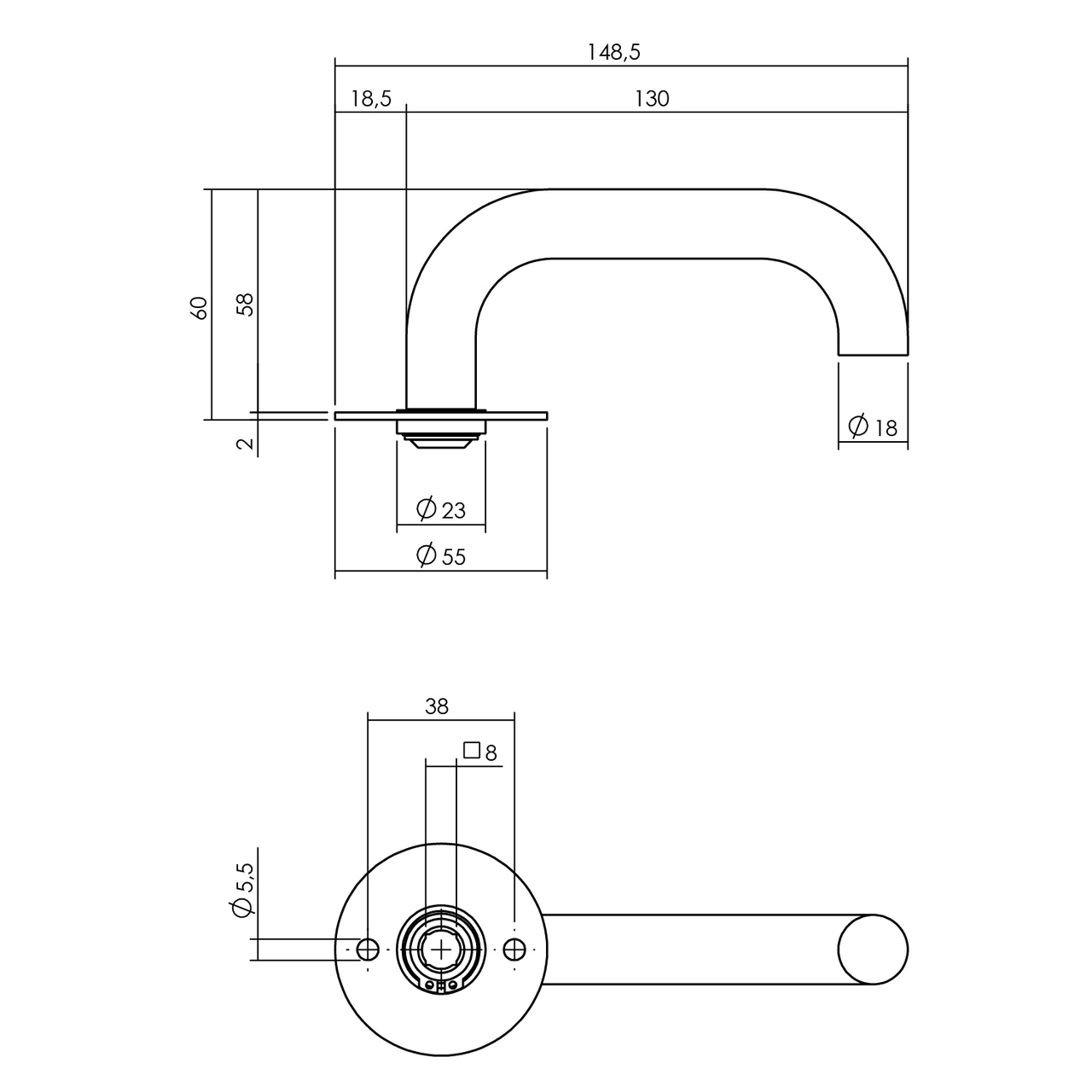 P+E Gatdeel deurkruk U-model op ronde rozet 8mm stift rvs geborsteld