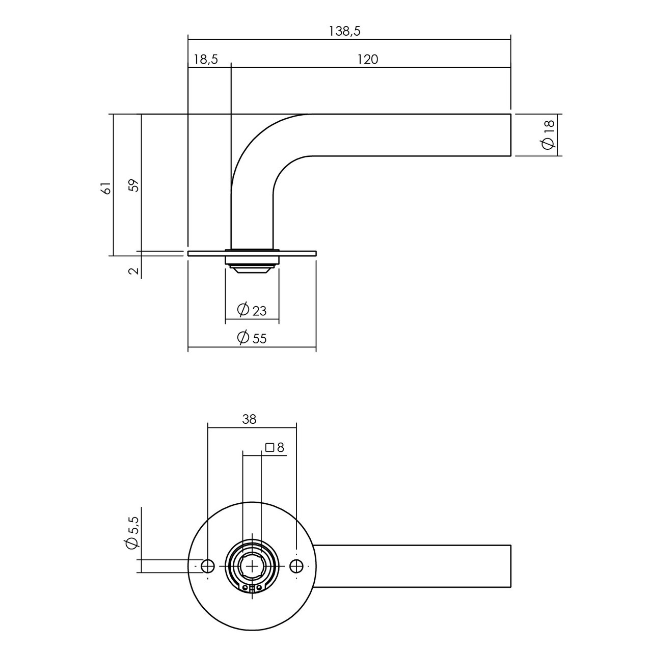 P+E Gatdeel deurkruk L-model op ronde rozet 8mm stift rvs geborsteld