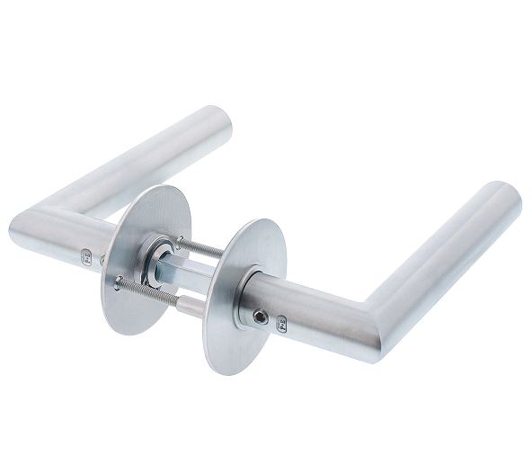 P+E Deurkruk L-model haaks op ronde rozet 8mm stift rvs geborsteld