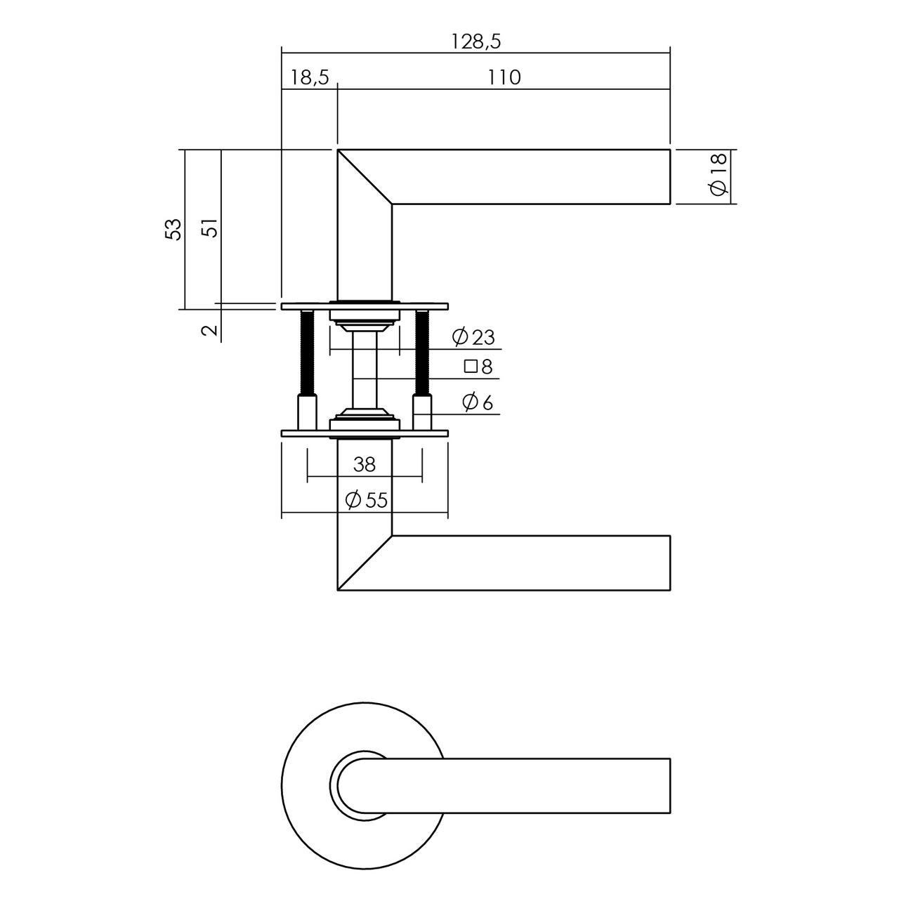 P+E Deurkruk L-model haaks op ronde rozet 8mm stift rvs geborsteld